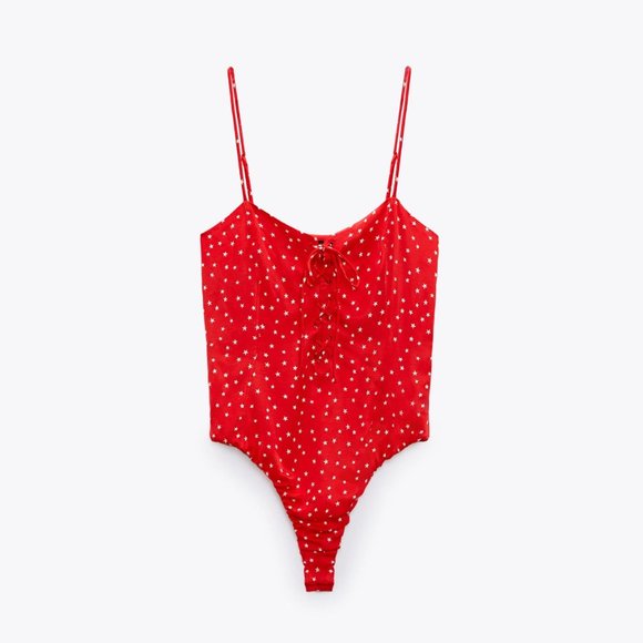 NWT - Zara Red Lace Up Satin Effect Star Print Bodysuit Side Zip - Picture 2 of 7